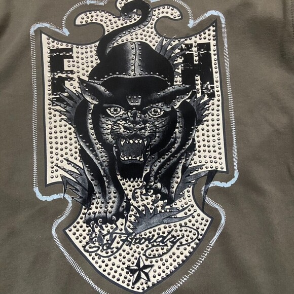 Ed Hardy Crouching Panther Studded Army Green Cardigan Sweater Men's 2XL - Picture 7 of 11